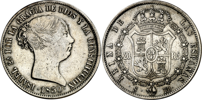 1850. Isabel II. Sevilla. RD. 20 reales. (AC. 624). Rara. 25,51 g. MBC-/MBC.