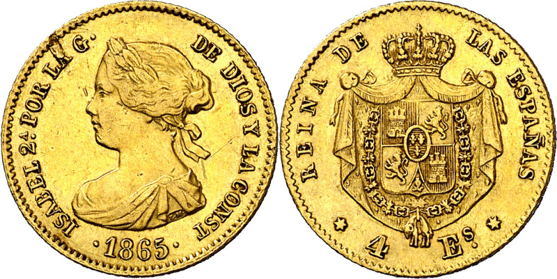 1865. Isabel II. Madrid. 4 escudos. (AC. 688). 3,31 g. MBC-.