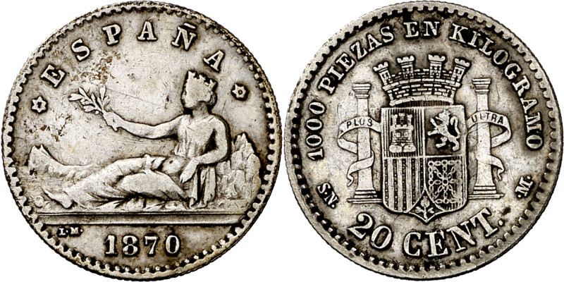 1870*70. Gobierno Provisional. SNM. 20 céntimos. (AC. 12). Escasa. 0,98 g. MBC-....