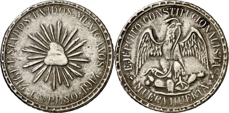 México. 1914. Revolución mexicana. 1 peso. (KM. 622). "MUERA HUERTA". Muy escasa...