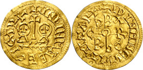 Egica/Wittiza (694/5-702). Córdoba. Triente. (CNV. 560) (R.Pliego 731a). Anv.: INDINMNE EGIC . Rev.: IDINMNE VVITTI . Monograma . 1,24 g. MBC.