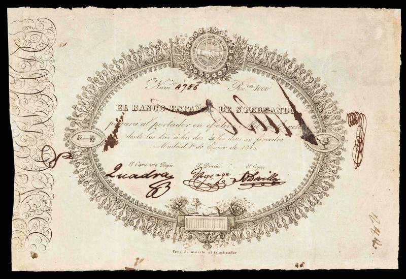 1843. Isabel II. Banco de San Fernando. 1000 reales de vellón. (Ed. 43, mismo ej...