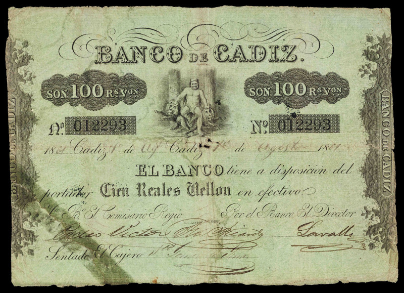 1861. Banco de Cádiz. 100 reales de vellón. (Ed. 70). 1 de agosto. I emisión. Fe...