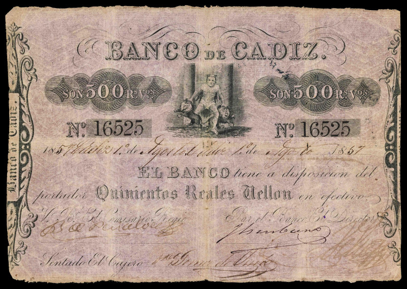 1867. Banco de Cádiz. 500 reales de vellón. (Ed. 72). 1 de agosto. I emisión. Fe...