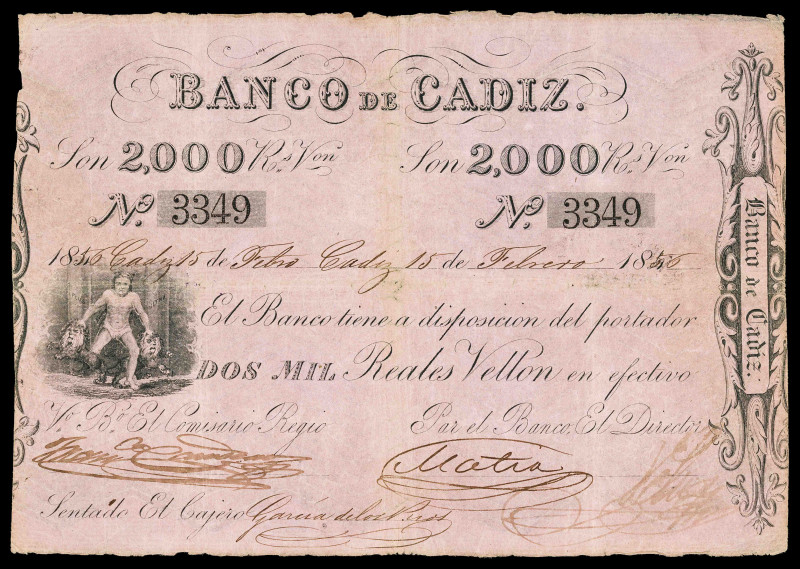 1856. Banco de Cádiz. 2000 reales de vellón. (Ed. 74). 15 de febrero, I emisión....