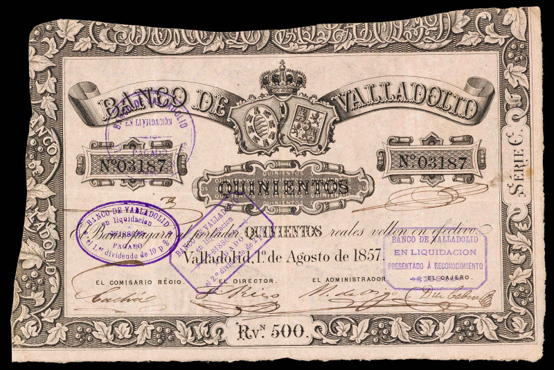 1857. Banco de Vallalodid. 500 reales de vellón. (Ed. 133). 1 de agosto. Serie C...