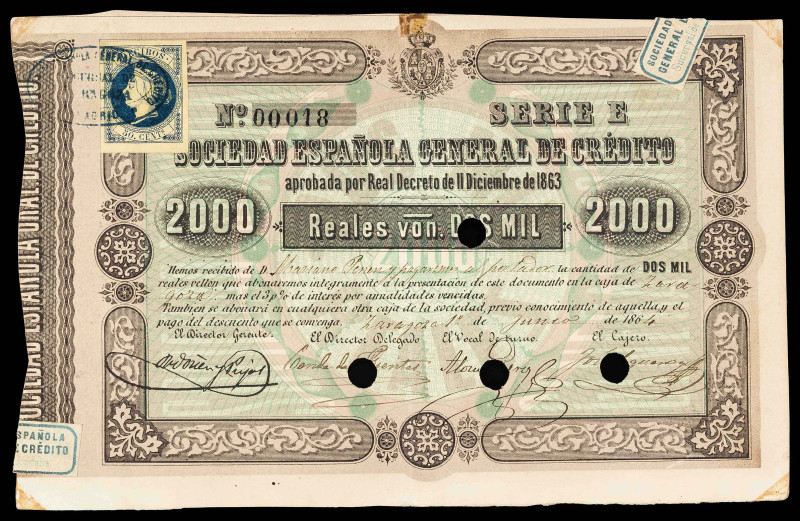 1864. Sociedad Española General de crédito. 2000 reales de vellón. Zaragoza, 1 d...