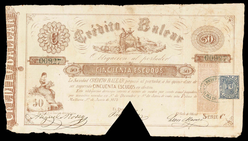 1874. Palma de Mallorca. Crédito Balear. 50 escudos. 1 de junio. Serie C. Obliga...