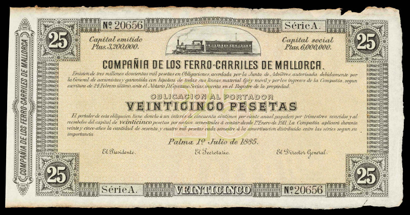 1885. Compañía de los Ferrocarriles de Mallorca. 25 pesetas. 1 de julio. Serie A...