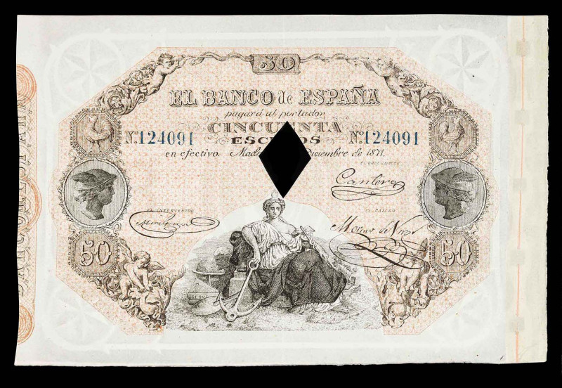 1871. 50 escudos. (Ed. 246F). 1 de diciembre. Falso de época, con la marca de ag...