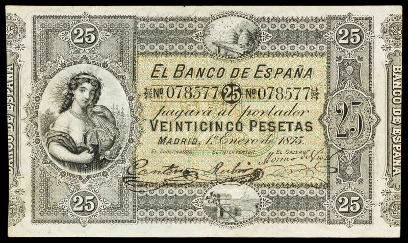 1875. 25 pesetas. (Ed. 264, mismo ejempar) (Pick. 6). 1 de enero. Dobleces e ínf...