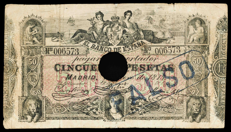 1875. 50 pesetas. 1 de enero. Falso de época. "FALSO" en tampón del anverso y ta...