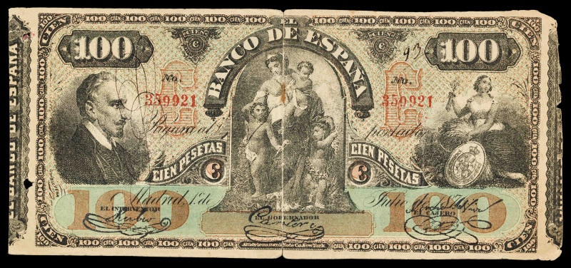 1876. 100 pesetas. (Ed. 269F). 1 de julio, Lope de Vega. Falso de época. Con sel...