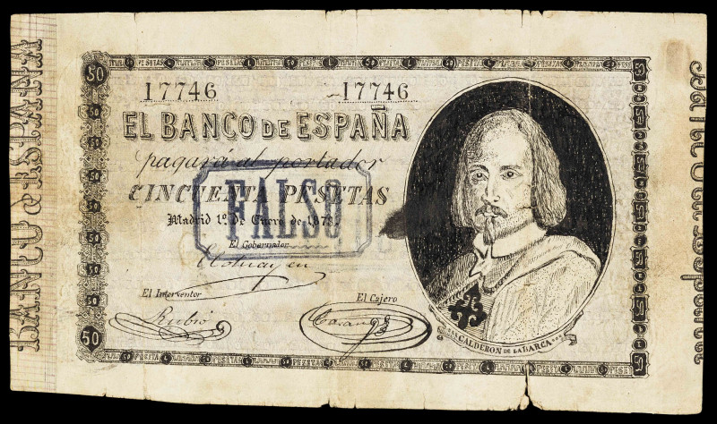 1878. 50 pesetas. (Ed. 272F). 1 de enero, Calderón de la Barca. Falso de época. ...