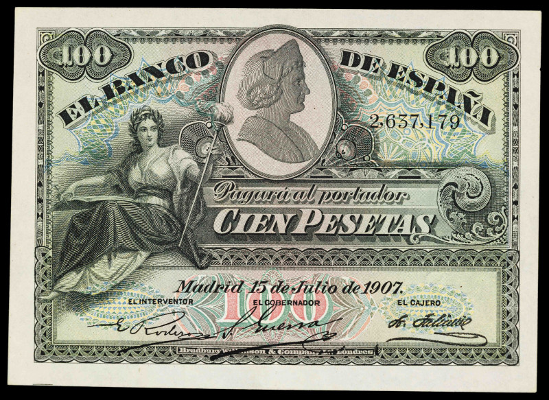 1907. 100 pesetas. (Ed. 320) (Pick 64a). 15 de julio. Doblez central. Lavado y p...