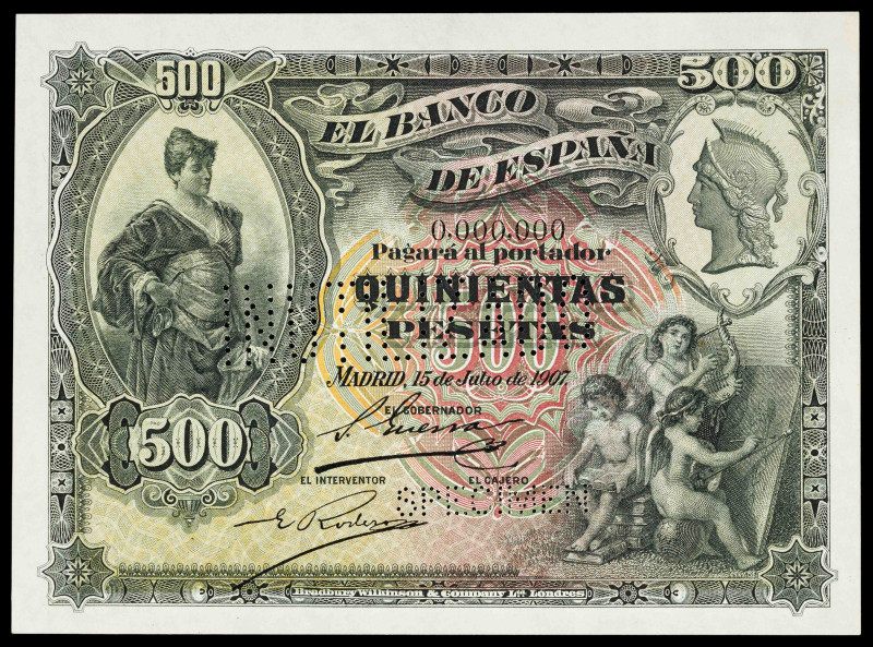 1907. 500 pesetas. (Ed. 321M). 15 de julio. "SPECIMEN" e "INUTILIZADO" en taladr...