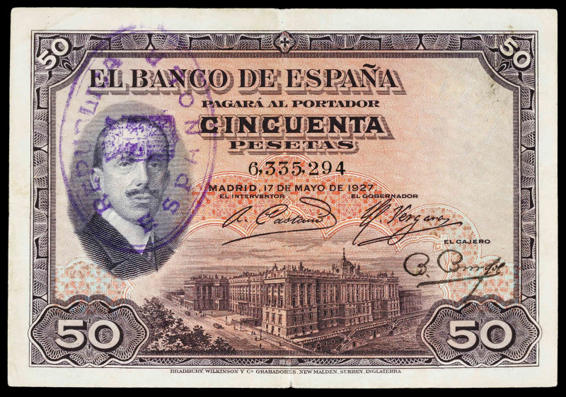 1927. 50 pesetas. (Ed. 332/339) (Pick 80b/72b). 17 de mayo, Alfonso XIII. Sin se...