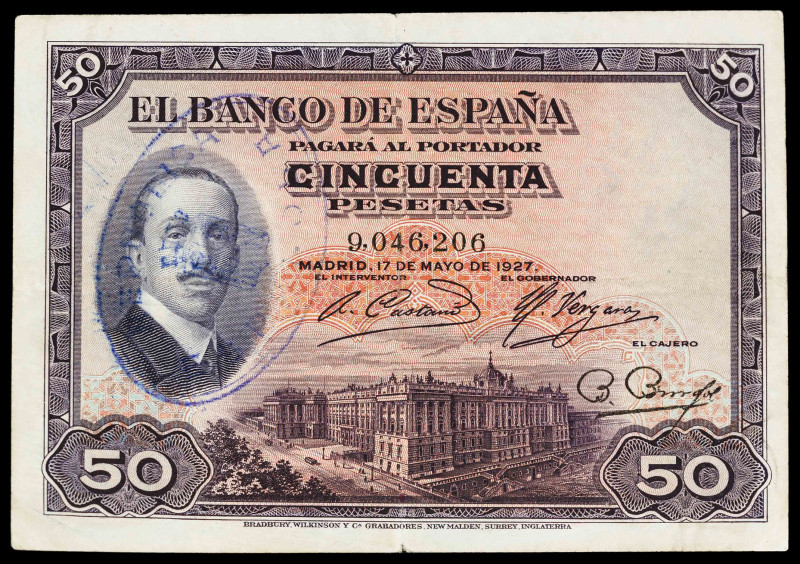 1927. 50 pesetas. (Ed. 332/339) (Pick 80b/72b). 17 de mayo, Alfonso XIII. Sin se...