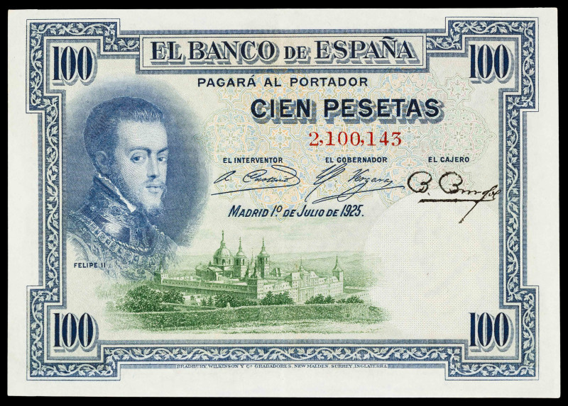 1925. 100 pesetas. (Ed. 344) (Pick 69b). 1 de julio, Felipe II. Sin serie. Sello...