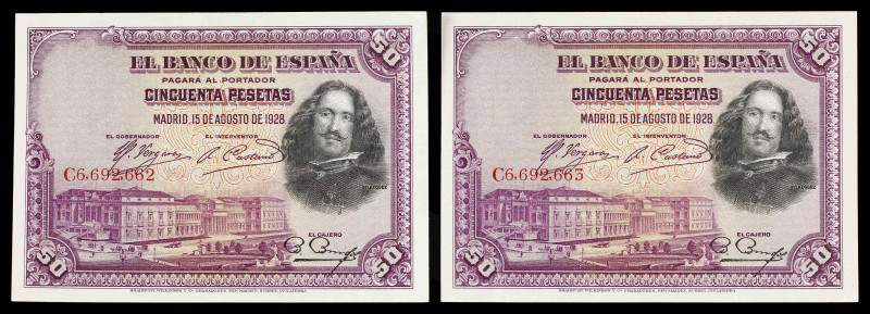 1928. 50 pesetas. (Ed. 354) (Pick 75b). 15 de agosto, Velázquez. Pareja correlat...