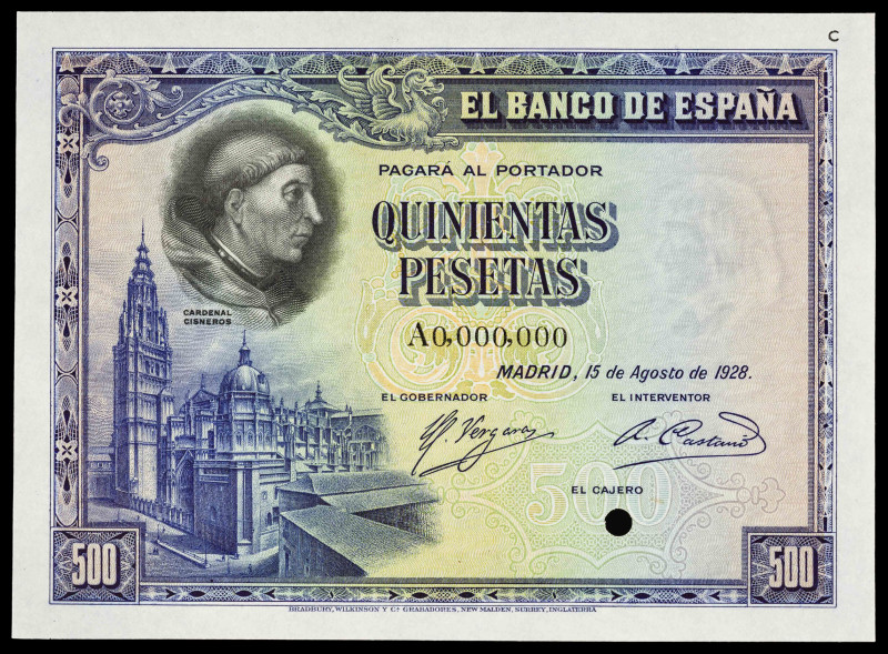 1928. 500 pesetas. (Ed. 356Pc). 15 de agosto, Cardenal Cisneros. Prueba de color...