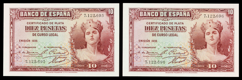 1935. 10 pesetas. (Ed. 364) (Pick 86). Pareja correlativa, sin serie. Muy buenos...