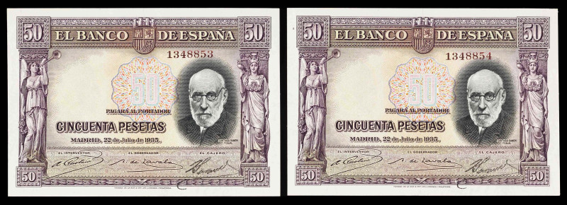 1935. 50 pesetas. (Ed. 366) (Pick 88a). 22 de julio, Ramón y Cajal. Pareja corre...