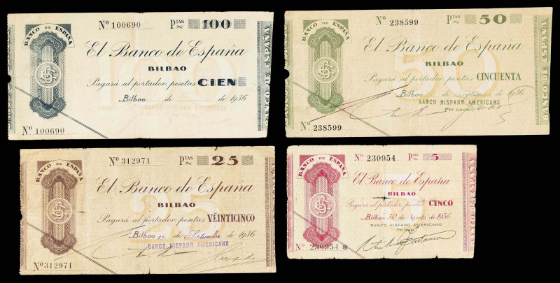 1936. Bilbao. 5, 25, 50 y 100 pesetas. (Ed. 368g, 369k, 370h y 371k) (Pick S551a...