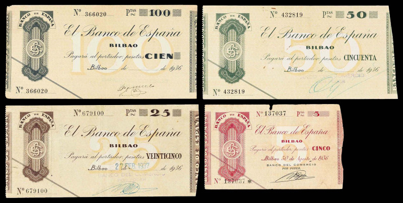 1936. Bilbao. 5, 25, 50 y 100 pesetas. (Ed. 369k, 369b, 370g y 371c) (Pick S551a...