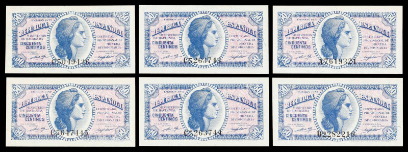 1937. 50 céntimos. (Ed. 391 y 391a) (Pick 93). 6 billetes. Series A, B y C (cuat...