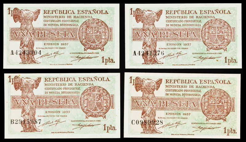 1937. 1 peseta. (Ed. 392 y 392a) (Pick 94a y 94b). 4 billetes. Series A (dos), B...