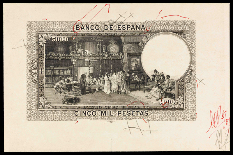 (1938). Barcelona. 5000 pesetas. Prueba de grabado del reverso de Mariano Fortun...