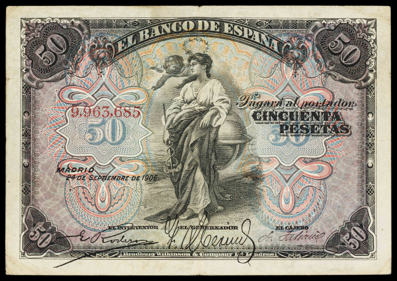 1906. 50 pesetas. (Ed. 404) (Pick 58b). 24 de septiembre. Sin serie. Sello en se...