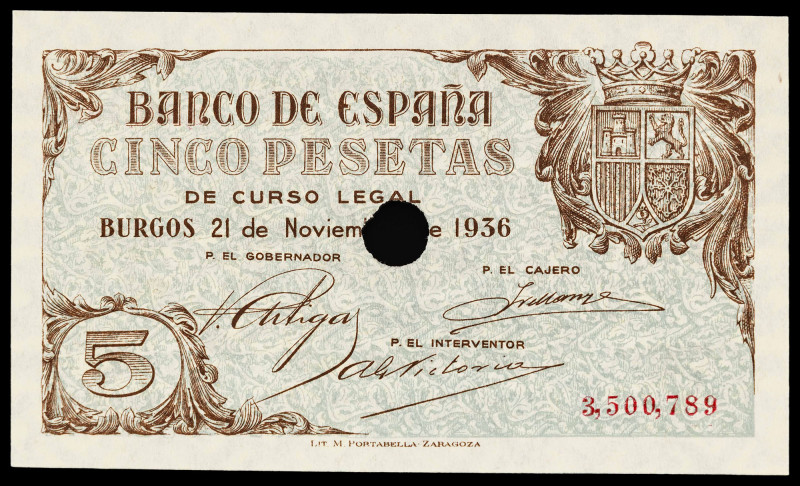 1936. Burgos. 5 pesetas. (Ed. 417T var). 21 de noviembre. Inutilizado con taladr...