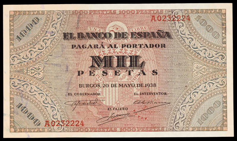 1938. Burgos. 1000 pesetas. (Ed. 434) (Pick 115a). 20 de mayo. Serie A. Muy buen...