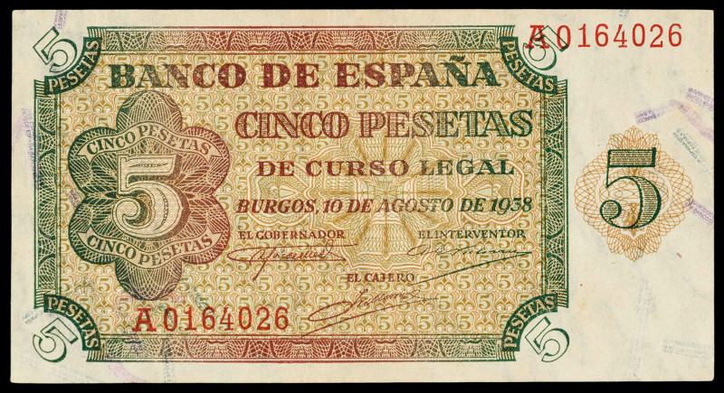 1938. Burgos. 5 pesetas. (Ed. 435) (Pick 110). 10 de agosto. Serie A. Esquinas r...