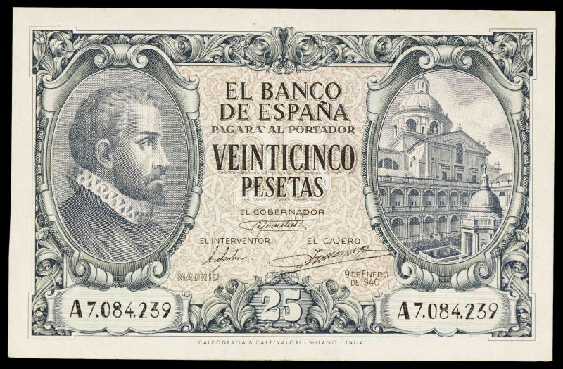 1940. 25 pesetas. (Ed. 436) (Pick 116a). 9 de enero, Juan de Herrera. Serie A. E...