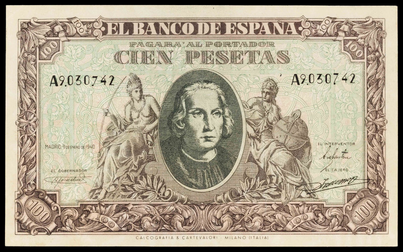 1940. 100 pesetas. (Ed. 438F). 9 de enero, Colón. Serie A. Falso de época. Leve ...