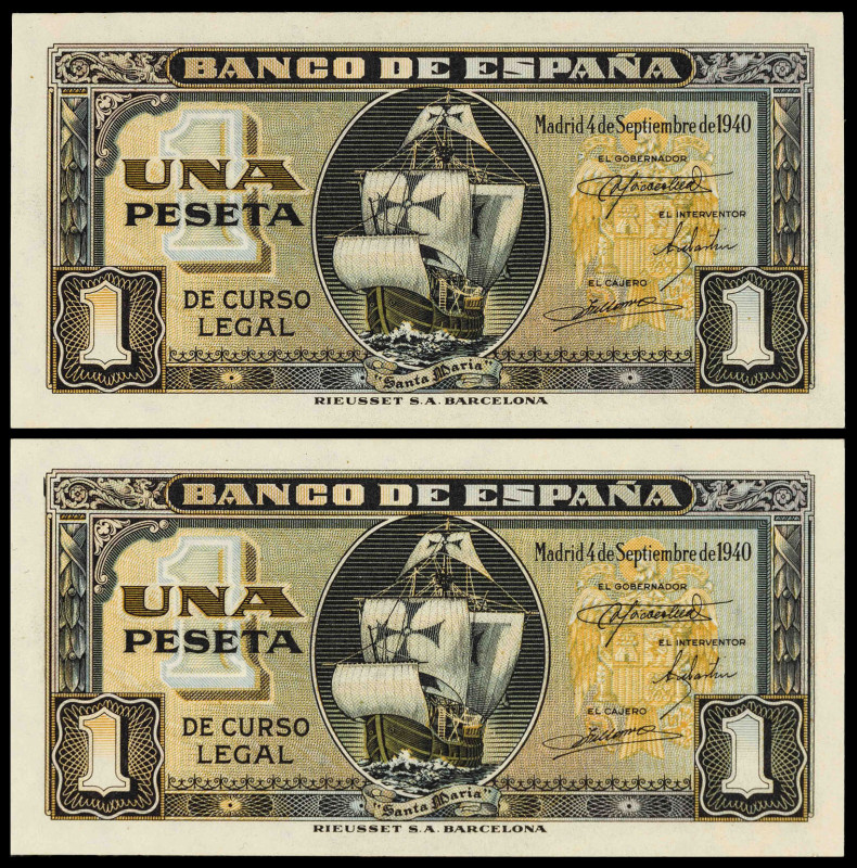 1940. 1 peseta. (Ed. 442a) (Pick 122a). 4 de septiembre, "Santa María". Pareja c...