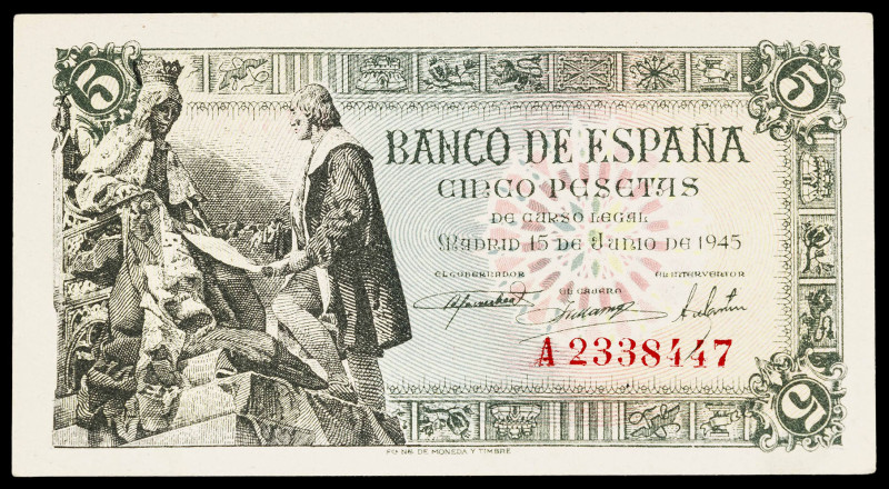 1945. 5 pesetas. (Ed. 449F). 15 de junio, Isabel y Colón. Serie A. Falso de époc...