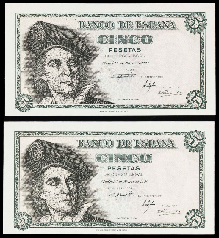 1948. 5 pesetas. (Ed. 455a) (Pick 136a). 15 de marzo, Elcano. Pareja correlativa...