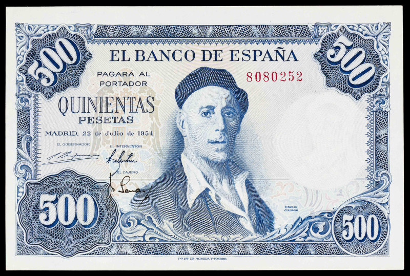 1954. 500 pesetas. (Ed. 468) (Pick 148a). 22 de julio, Zuloaga. Sin serie. EBC+.