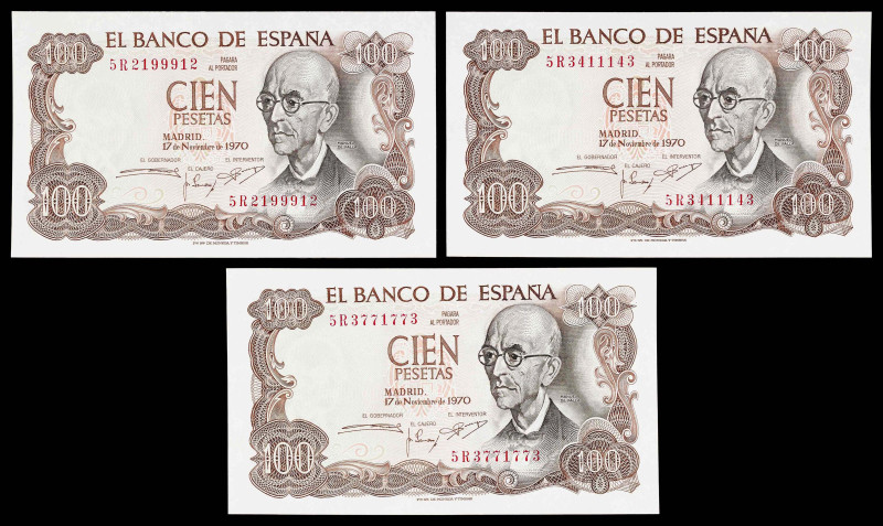 1970. 100 pesetas. (Ed. 472b) (Pick 152a). 17 de noviembre, Falla. 3 billetes, s...