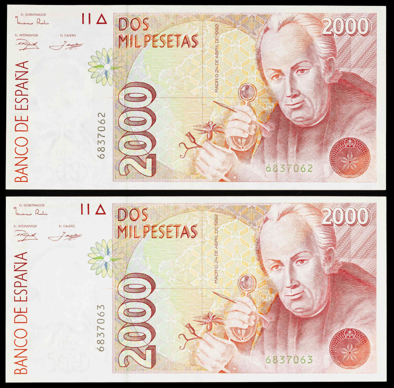 1992. 2000 pesetas. (Ed. 482) (Pick 162). 24 de abril, Mutis. Pareja correlativa...