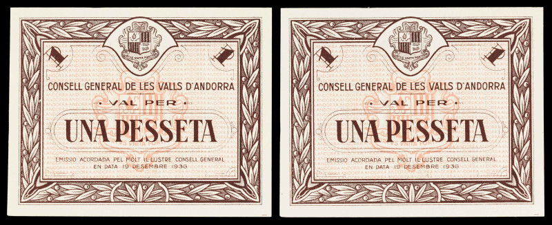 Andorra. 1936. 1 peseta. (Ed. 3) (Pick 6) (T. 11d). 19 de diciembre. Pareja corr...