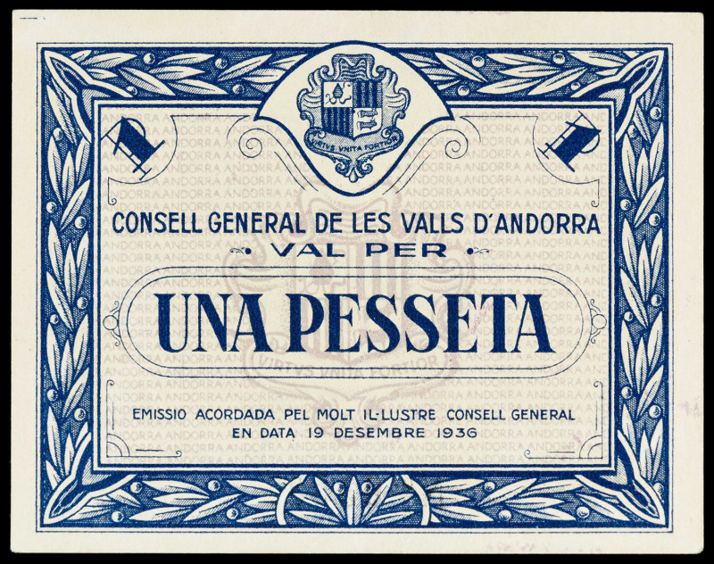 Andorra. 1936. 1 peseta. (Ed. 2) (Pick 1) (T. 5). 19 de diciembre. Serie azul. L...