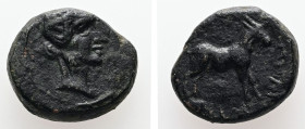 Sicily, Eryx?. Circa 4th-3rd century BC. AE. 3.80 g. - 15.71 mm.
Obv.: Female head to right within circular border.
Rev.: Horse (or an equid hybrid) t...