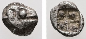 Thraco-Macedonian Region. Uncertain. AR, Tetartemorion. 0.13 g. - 5.06 mm. ca. 6th - 5th centuries BC.
Obv.: Head of tunny fish to right.
Rev.: Quadri...
