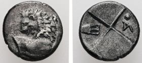 Thrace, Chersonesos. AR, Hemidrachm. 2.34 g. - 13.13 mm. Circa 386-338 BC.
Obv.: Forepart of a lion right, head turned back to left.
Rev.: Quadriparti...
