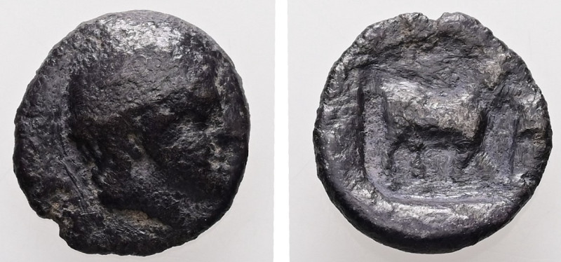 Thrace, Ainos. AR, Diobol. 0.99 g. - 12.40 mm. Circa 429-427/6 BC.
Obv.: Head of...